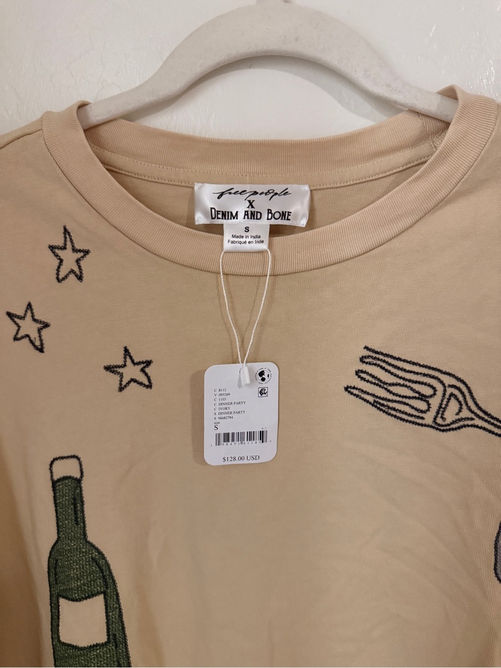 NWT Free People x Denim & Bone Dinner Party Embroidered Tee - Picture 5 of 7